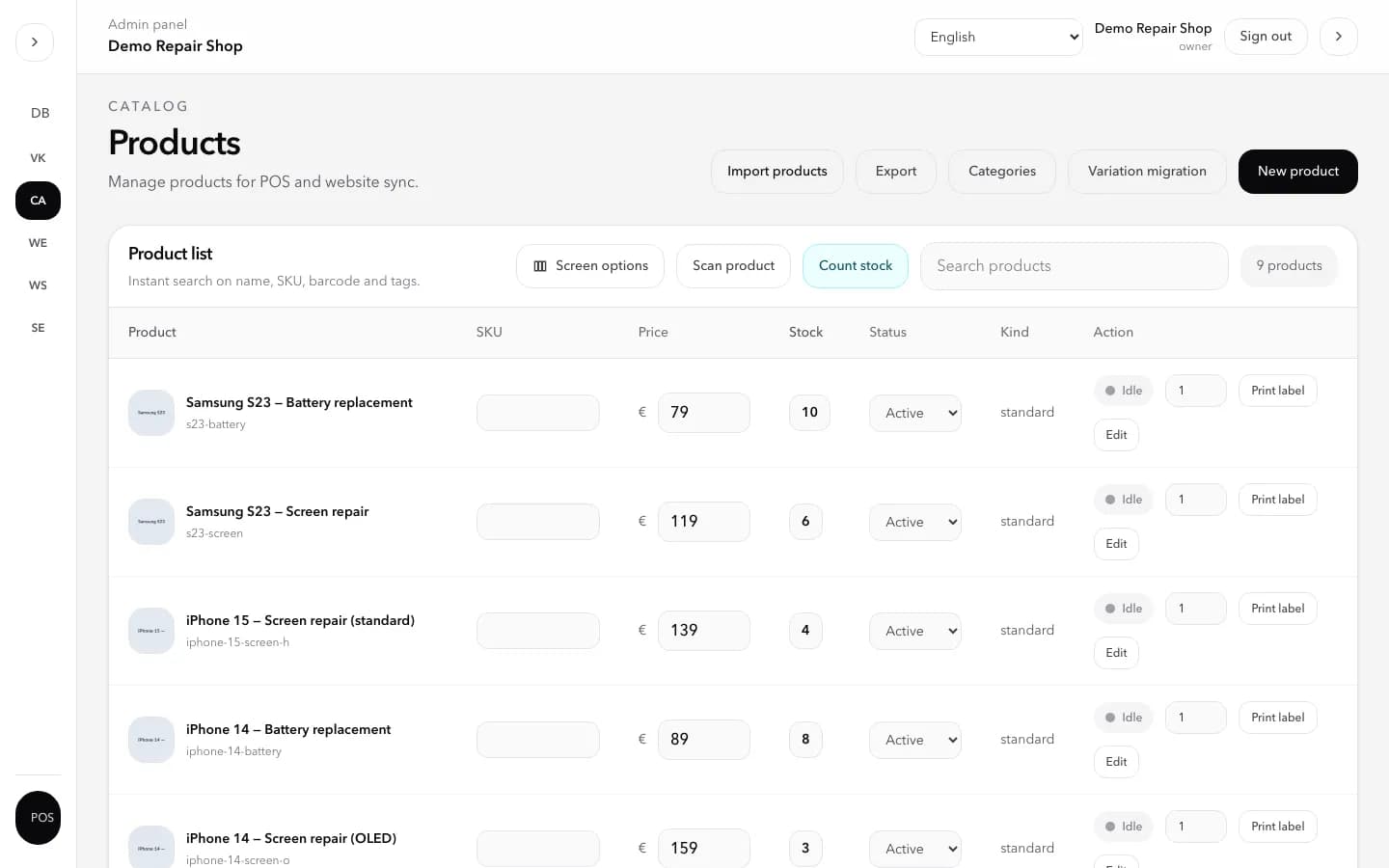 Product list with price and stock per product